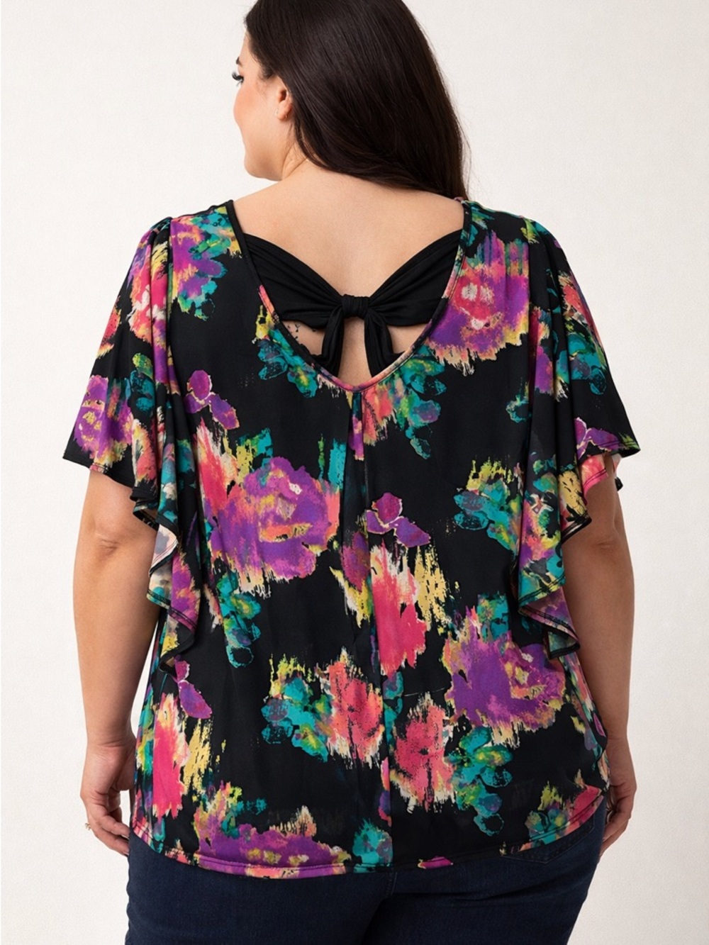 Free 2 Luv Black/Purple/Pink Floral Tie-Back Flutter Sleeve Blouse